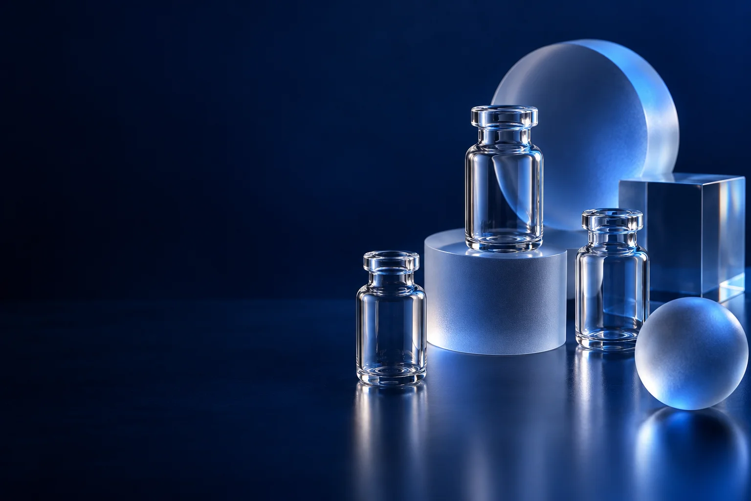 Sculptural glass and empty research vials in a softly lit studio